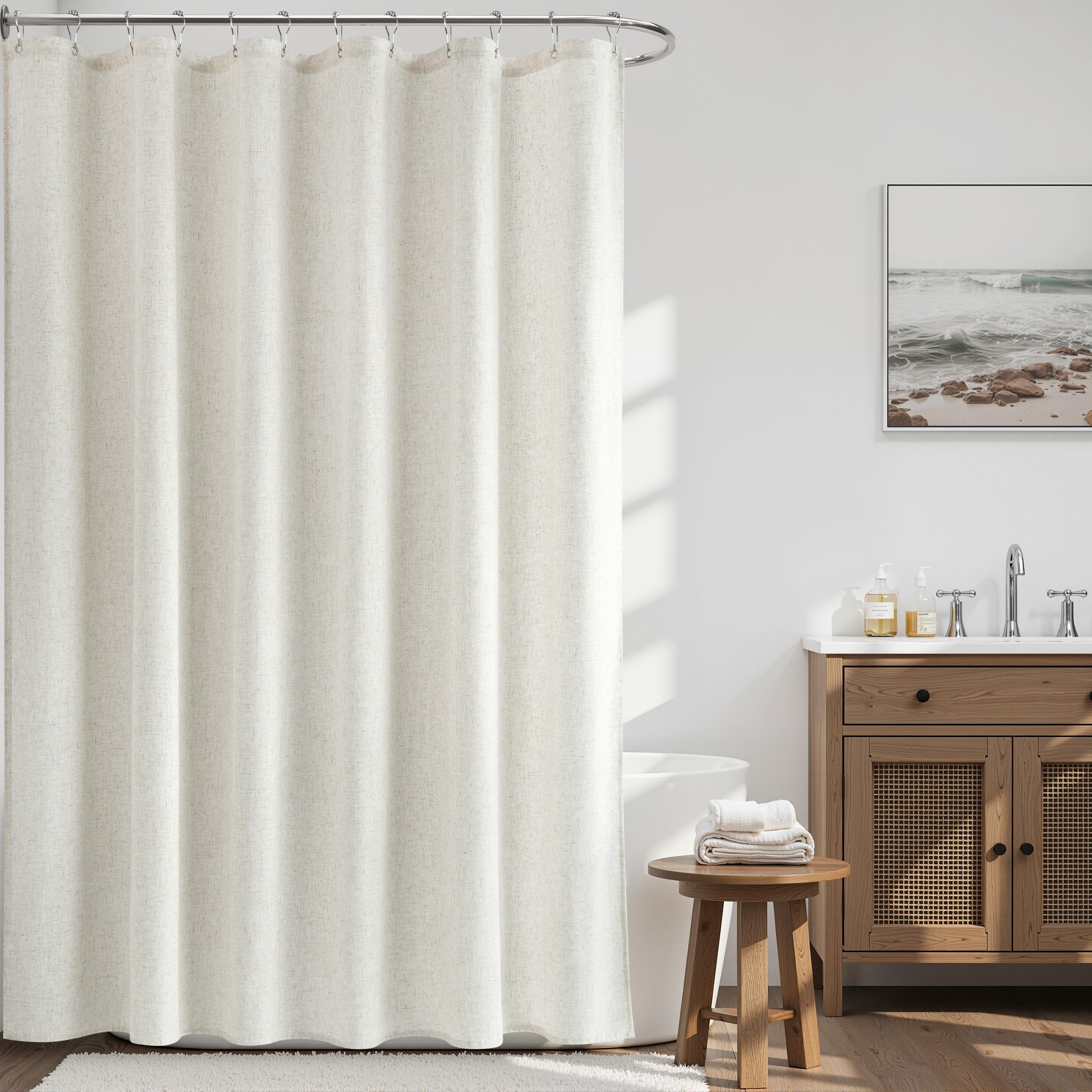 Naturoom Linen Shower Curtain 96 Inch Long for Bathroom Ivory Beige 1 Panel