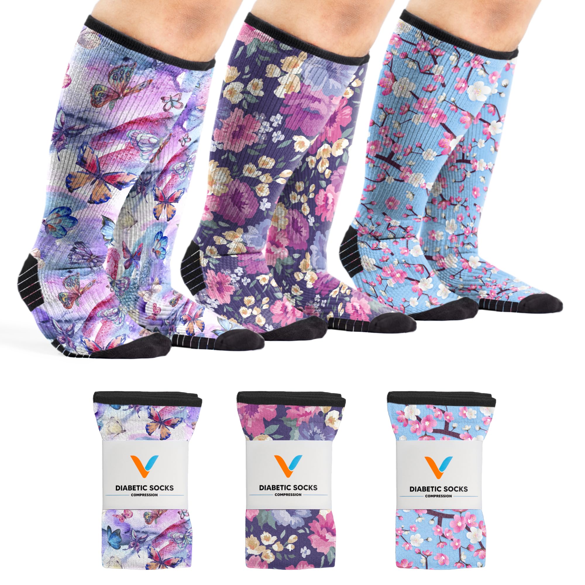 Viasox 3 Pack Compression Socks Women & Men, Circulation Support, 12-15mmHg Neuropathy, Flower Power, XL