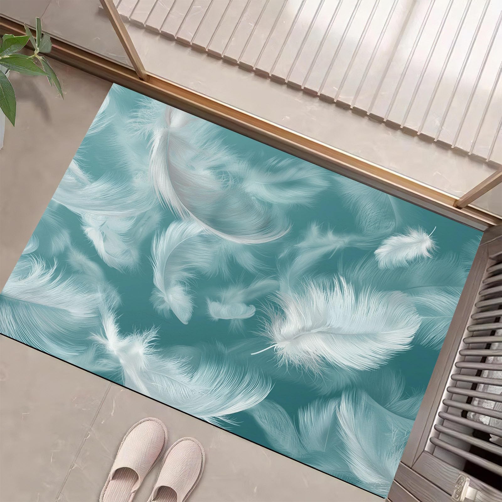 Tapis d'entrée intérieur bleu ciel déco plumes fantastiques
