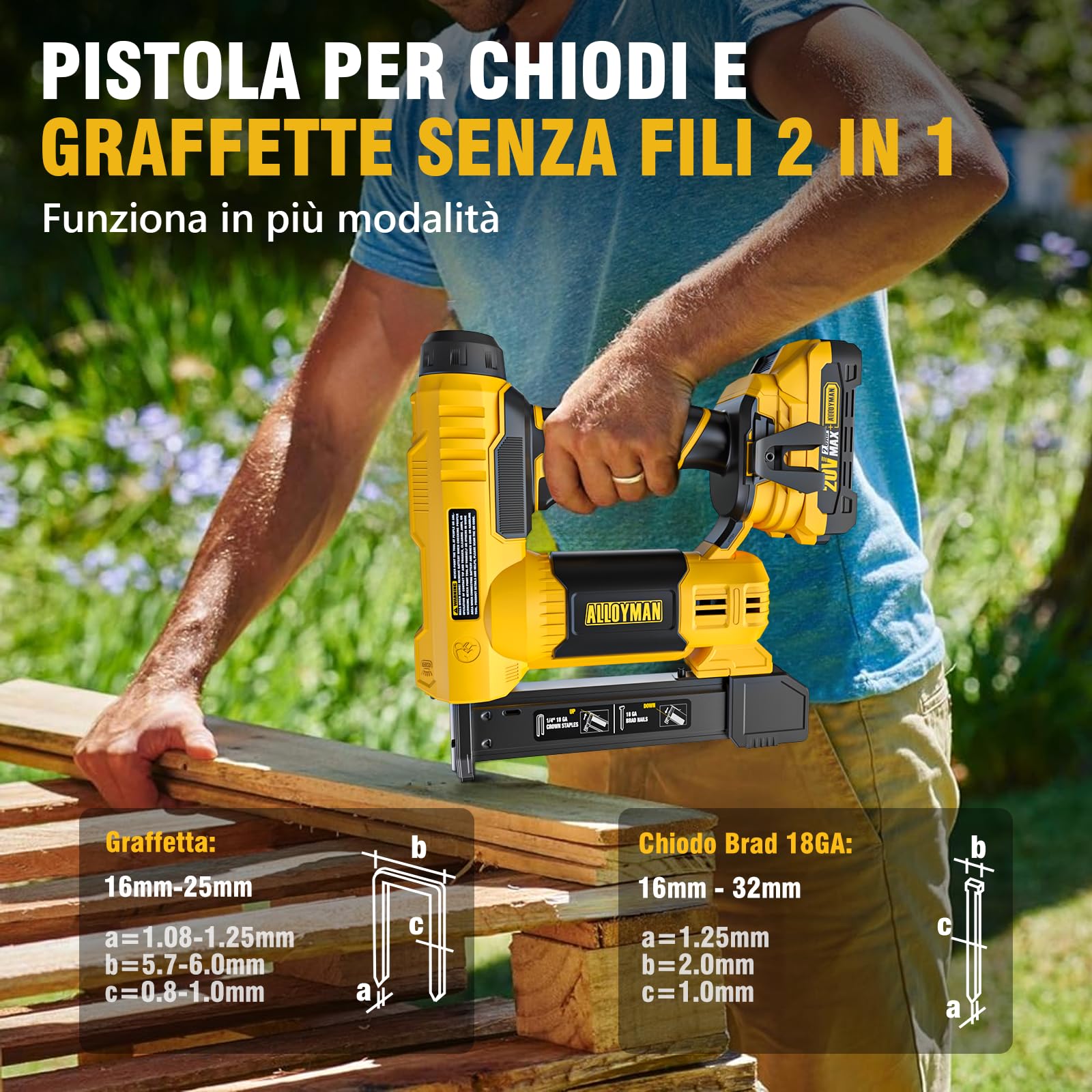 Alloyman 20V MAX Sparachiodi Chiodatrice Brad a Batteria, 2-in-1 18GA Pistola Sparachiodi Elettrica Calibro, 1000 chiodi e 500 punti metallici inclusi, per fai da te e lavori in legno