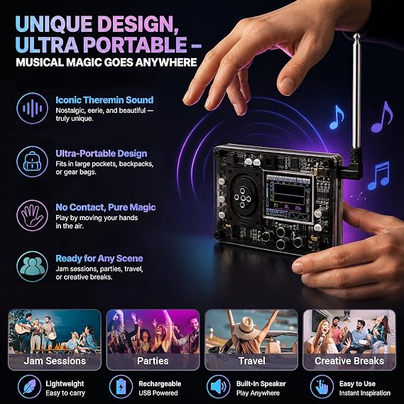 Mini Theremin, Touchless Electronic Synthesizer, LED Screen Display 20 Instrument Voices 70 Tones Portable Seamless Tone Switching Music Instrument for Gift DIY Music Lovers