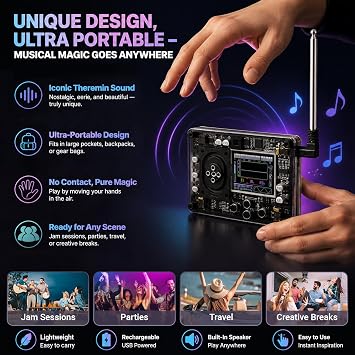 Mini Theremin, Touchless Electronic Synthesizer, LED Screen Display 20 Instrument Voices 70 Tones Portable Seamless Tone Switching Music Instrument for Gift DIY Music Lovers