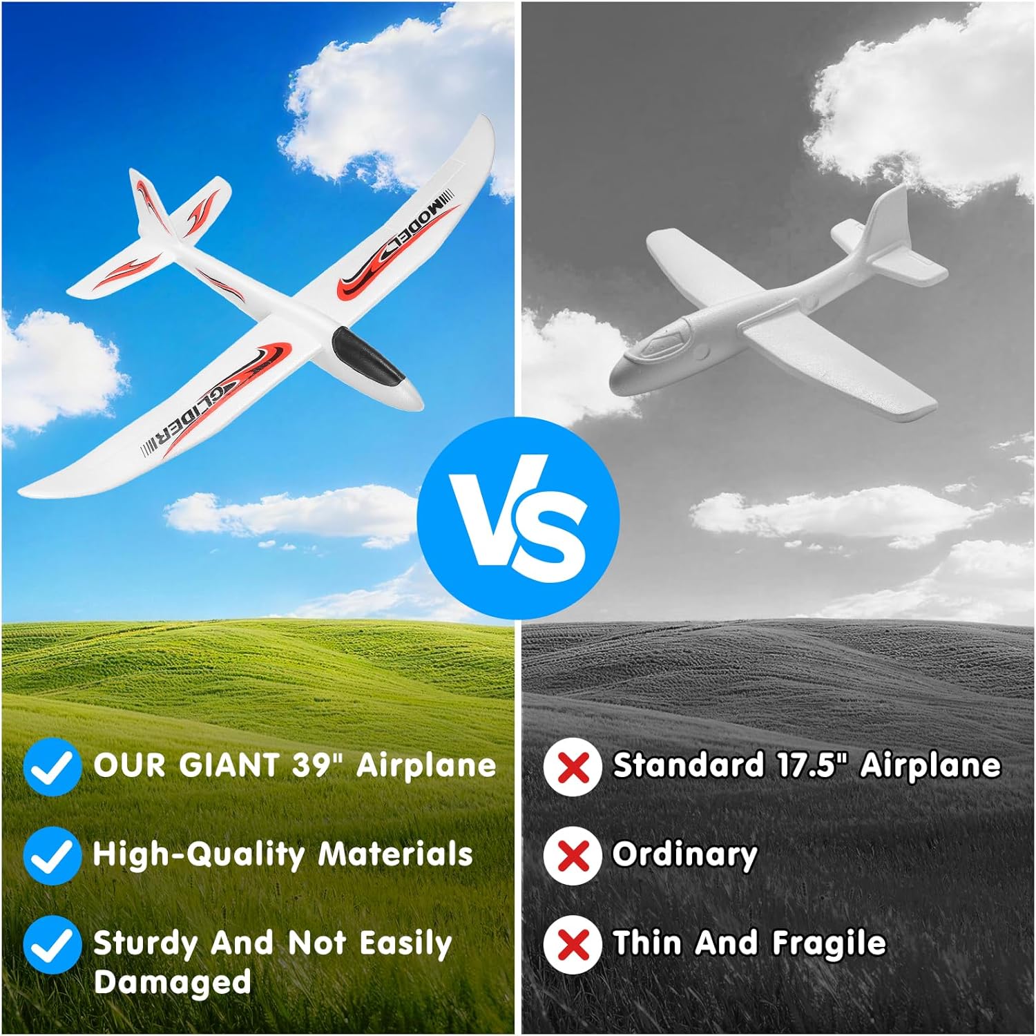 NUOBESTY Airplane Toy, 39" Large Throwing Glider Plane 2 Flight Modes Foam Glider Airplane for Kids Flying Plane Toys for Boys, Girls to Play Outdoors, Party Favors