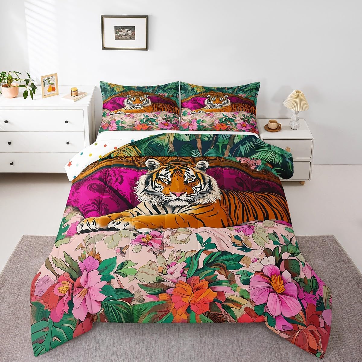 Erosebridal Tiger Comforter Set Woodland Animal King Bedding Set Boho Botanical Leaves Down Comforter for Kids Boys Girls,Flowers Plant Jungle Wildlife Tiger Quilt Set