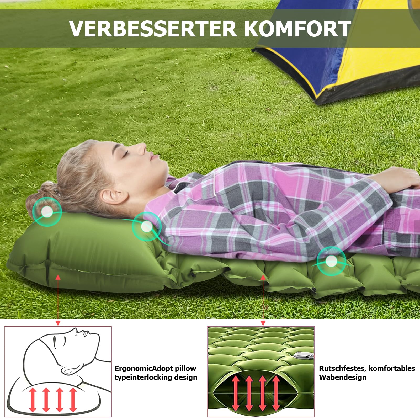 Materassino Gonfiabile Da Campeggio Extra Spesso 12,7 Cm Con Pompa Integrata E Cuscino – Verde, Ultraleggero E Portatile