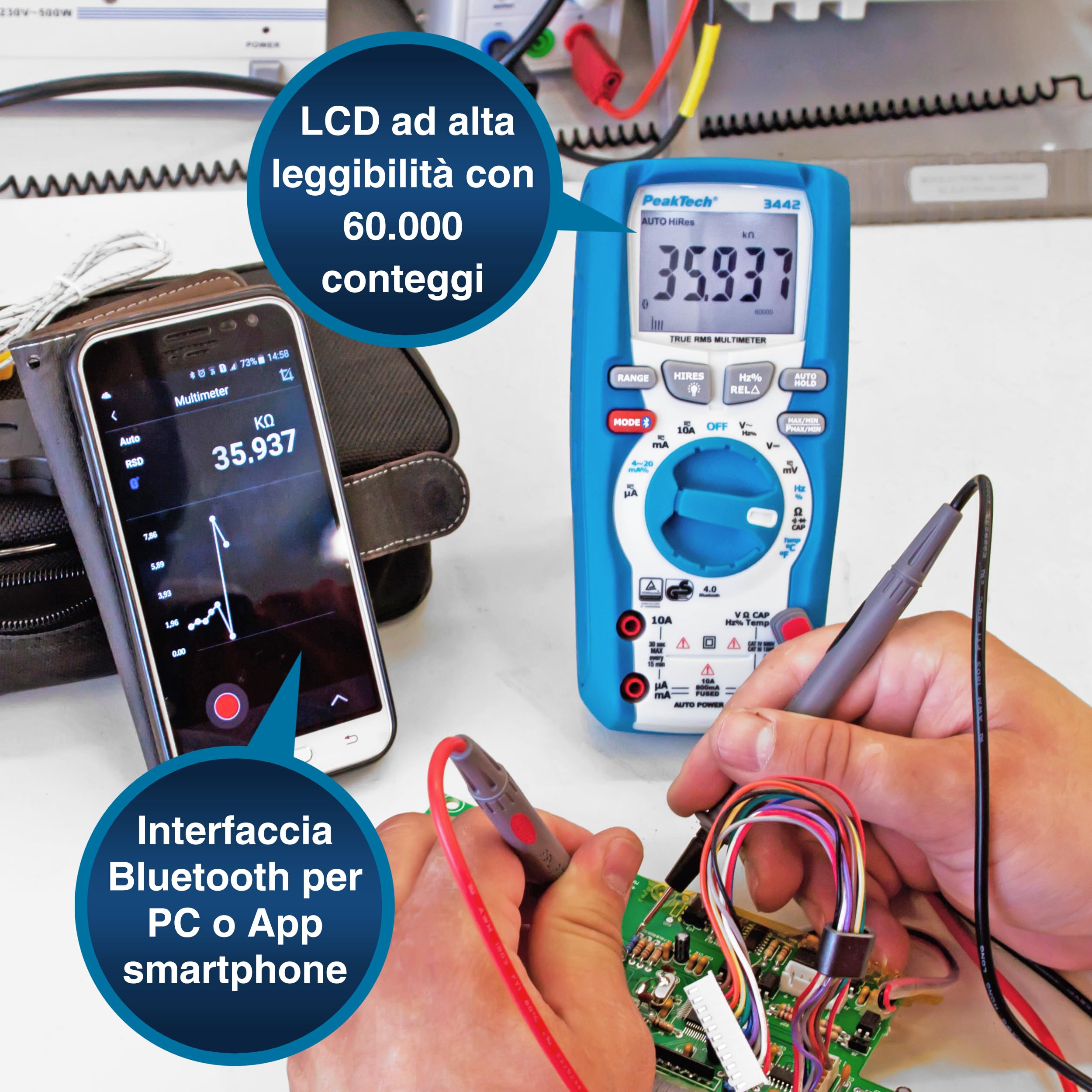 PeakTech 3442 – Multimetro digitale True RMS, con 60.000 conteggi e Bluetooth 4.0, Multimetro portatile professionale, Auto-Hold, TÜV/GS, Voltmetro, Tester di continuità - CAT III 1000V