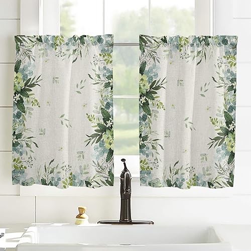 Miniatura 3 de Kitchen Curtains 2 Panels Rod Pocket Tier Curtain Summer Farm Green Leaves Window Valance,Light Filtering Window Treatment Pastoral Botanical