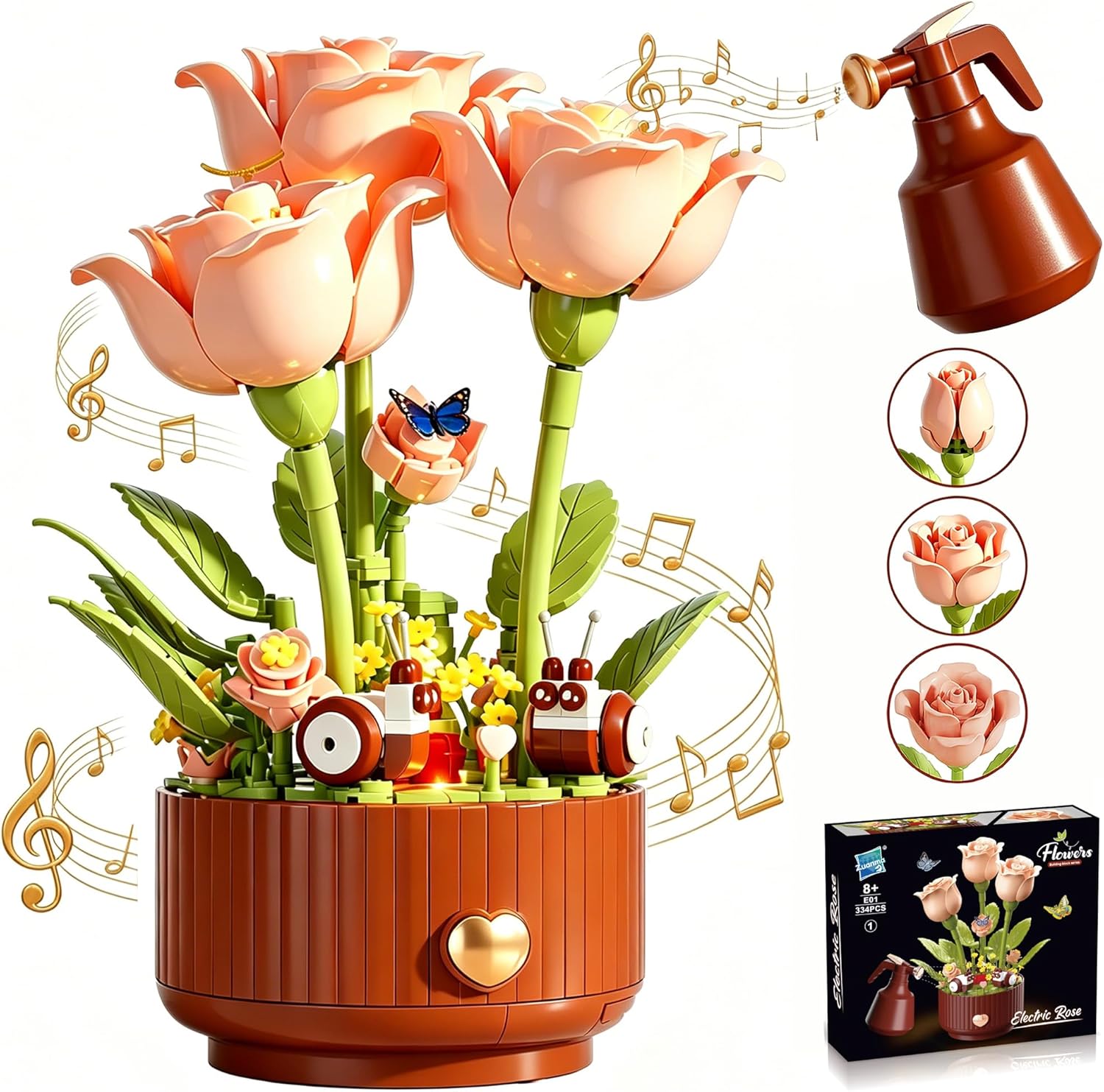 Magical Blooming Rose Building Set - Electric Flower Blocks with Opening Petals,with Interactive Sound & LED Lights,Romantic Gift for Her,Valentine's Day & Birthdays,DIY Botanical Display(334 PCS)
