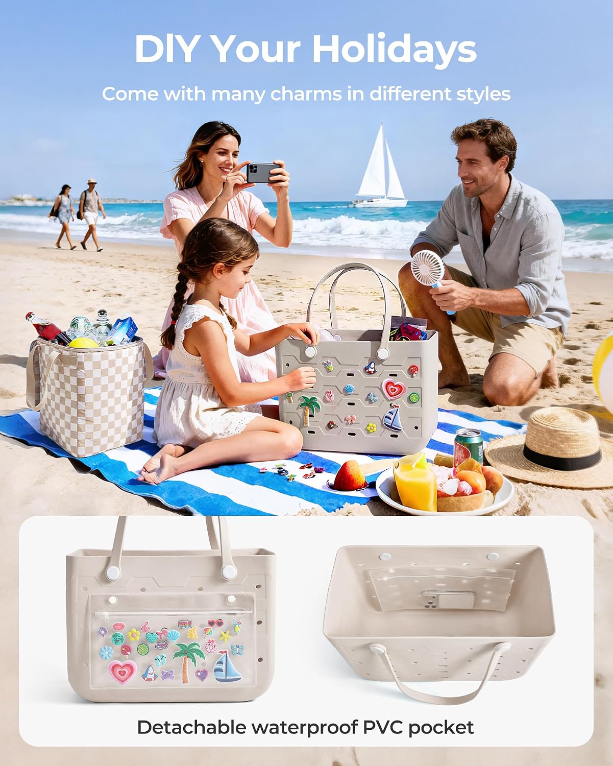 BAGSMART Beach Bag for Women, Water-resistant Rubber Tote Bag, Sandproof Vacation Essentials for Summer Swim Cruise Pool image 5