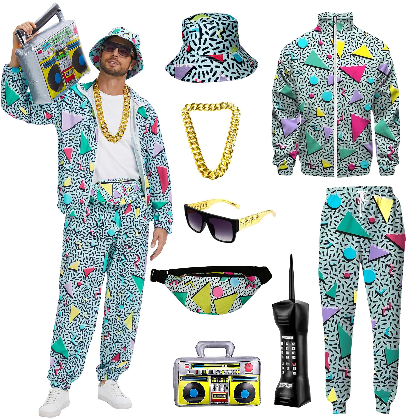 Completo da uomo anni '80 e '90, tuta con accessori per costume hip hop, set per feste a tema Halloween anni '80.