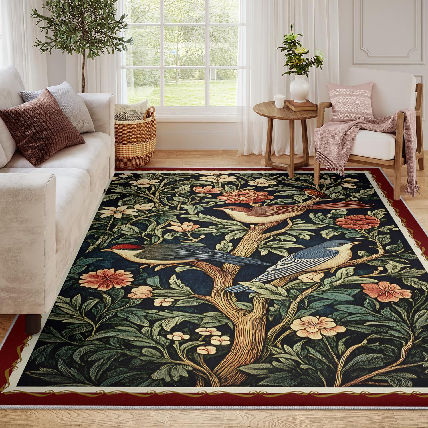Carpette douce 60x90cm oiseau fleuri verte style ferme
