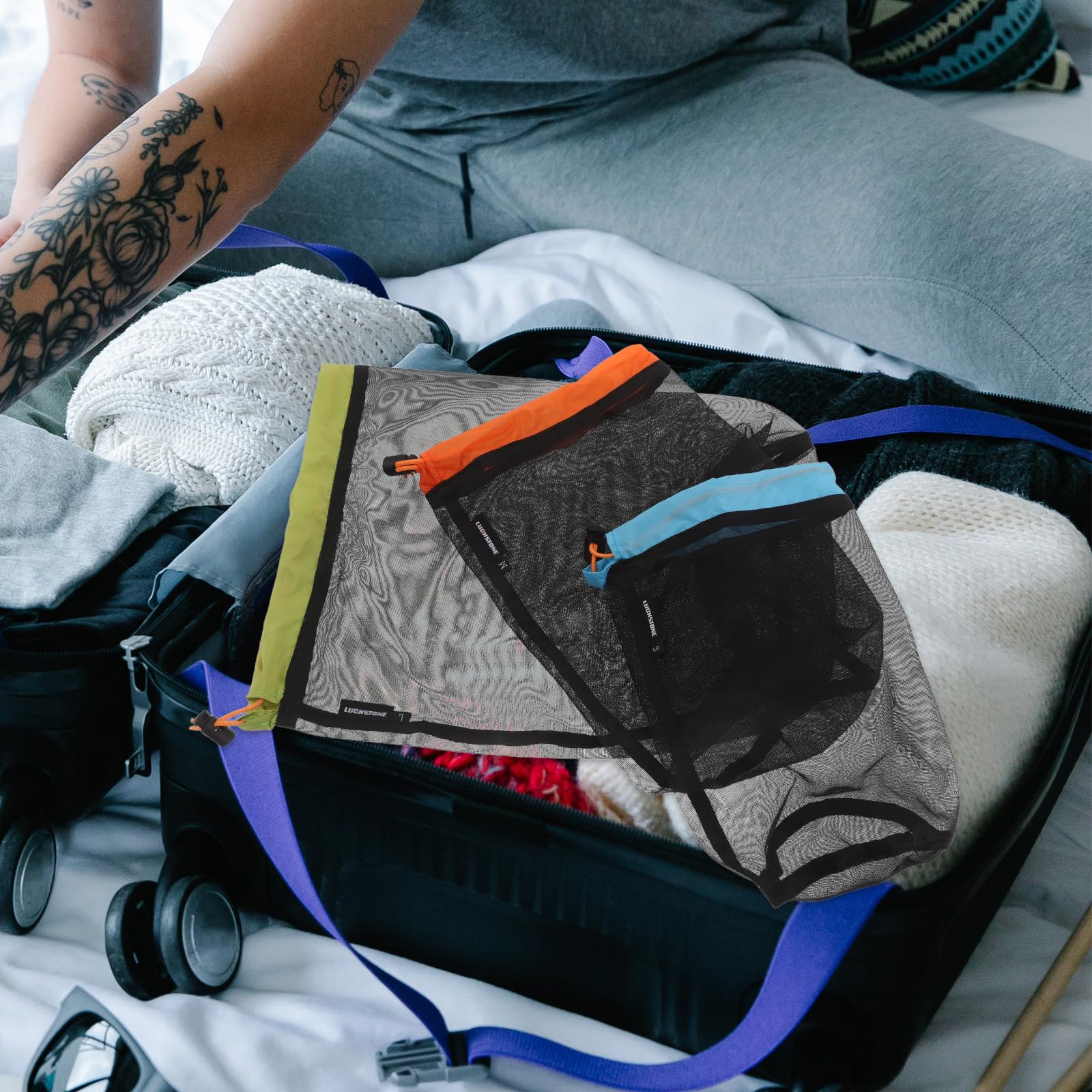 Leichter Kompressionssack Vielseitiger Reise Kompressionsbeutel 3 Stück-Pack aus Netzgewebe zum Organisieren und Backpacking mit Kordelzug für Schlafsäcke