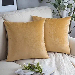 Phantoscope Pack of 2 Velvet Decorative Throw Pillow Covers Soft Solid Square Cushion Case for Couch Khaki 18 x 18 inches 45 x 45 cm