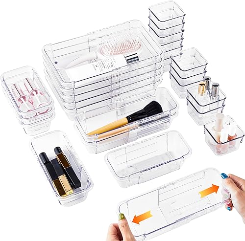 Organizador de cajones transparente extensible, 25 unidades, 3 tamaños, ajustable, organizador de cajones de escritorio, contenedores de