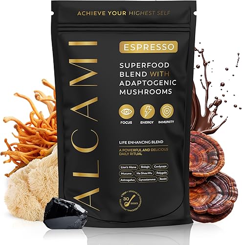 Mezcla de superalimentos de café expreso de hongos, extracto concentrado 10X, con melena de león, reishi y cordyceps, apoyo de energía y enfoque, 30