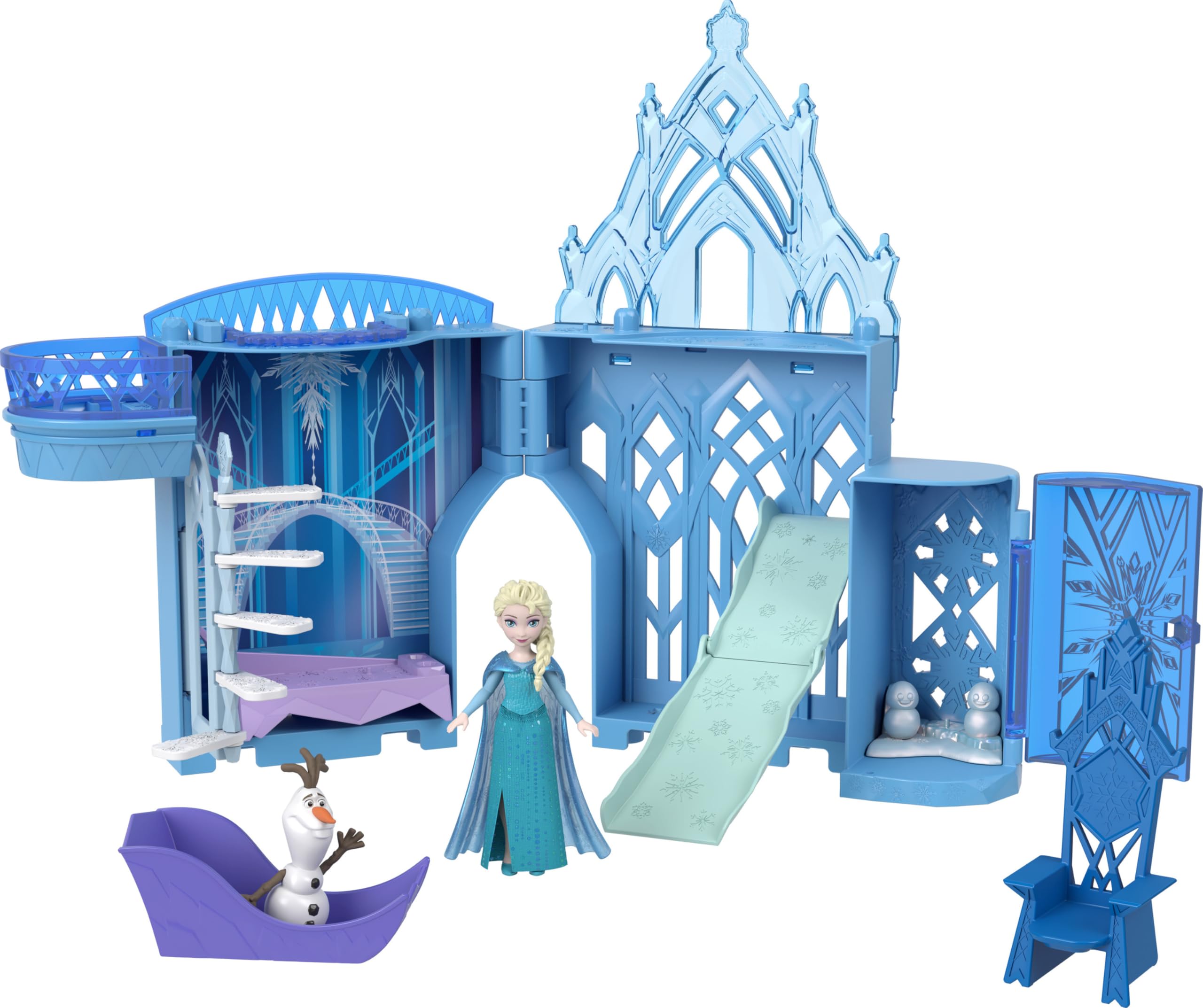 Mattel Disney Frozen Zamek Elsy + Mała lalka. Zestaw z domkiem dla lalek, małą lalką, figurką Olafa i akcesoriami, inspirowany filmami Disneya „Kraina lodu”, zabawki podróżne dla dzieci, HLX01