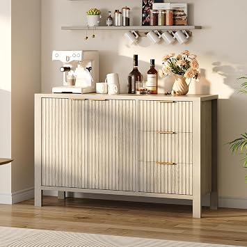 47" Buffet Sideboard Cabinet with 2 Doors & 3 Drawers , Wood Console Table Vintage Coffee Bar Cabinet with Storage and Adjustable Shelves, Modern Sideboard for Dining Room Hallway Living Room