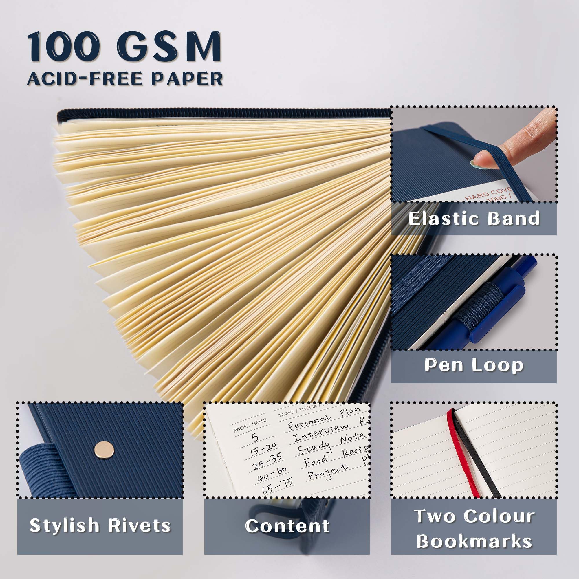 MGGAO A5 Ruled Journal 100 GMS Lined Thick Paper with 188 Numbered Pages Premium Leather Hardcover Notebook for Personal Writing Study Office Travel Recording (Striped Navy,Ruled) - Image 3