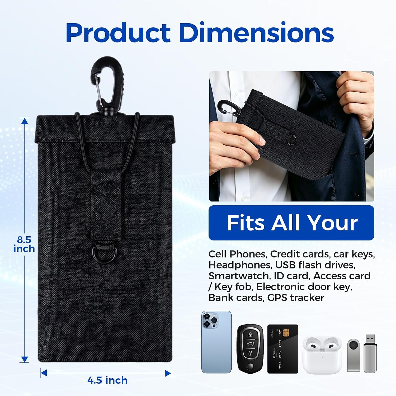 2 Pack Faraday Bags for Phones & Car Keys, Large Size Professional Signal Blocking Protective Case, Blocks RFID, 5G, WiFi, GPS and Bluetooth, Privacy Protection for Phones, Car Keys (Black)