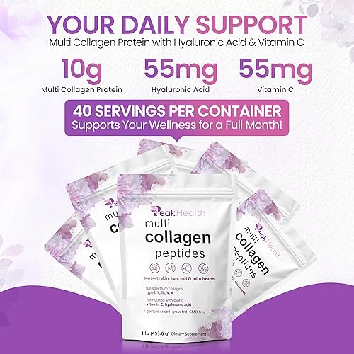 Miniatura 5 de Polvo de péptidos de colágeno múltiple, 1 libra de colágeno en polvo, tipo I, II, III, V, X con biotina 10000 mcg, polvo de ácido hialurónico,