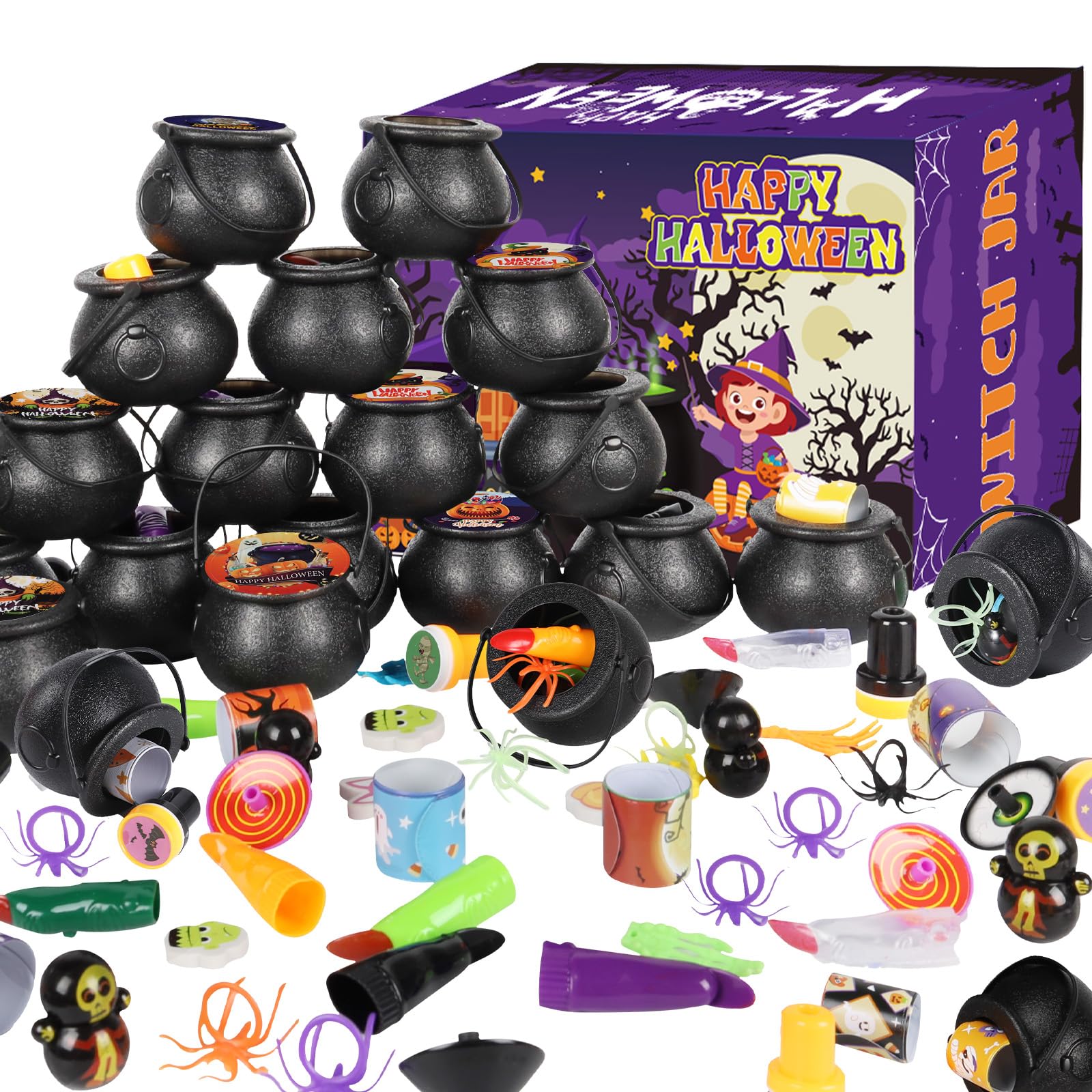 240 PCS Halloween Party Favors for Kids Bulk, 24 Pack Prefilled Small Plastic Witch Cauldron,Halloween Toys for Trick or Treat,Halloween Prizes for Kids Party