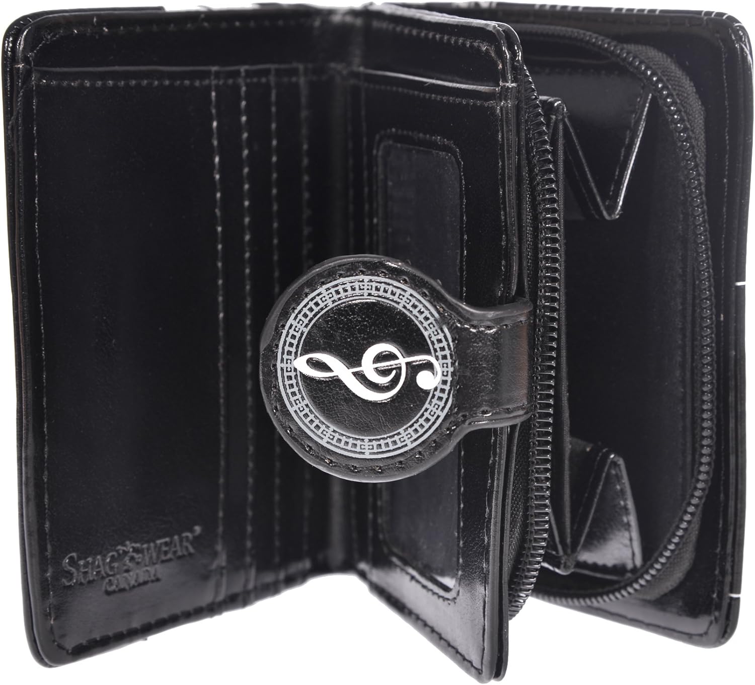 Shag Wear Piano Symphony Small Women’s Wallet, Vegan Faux Leather Bifold with Card Slots, ID Window and Compact Snap Closure in Black 4.5"