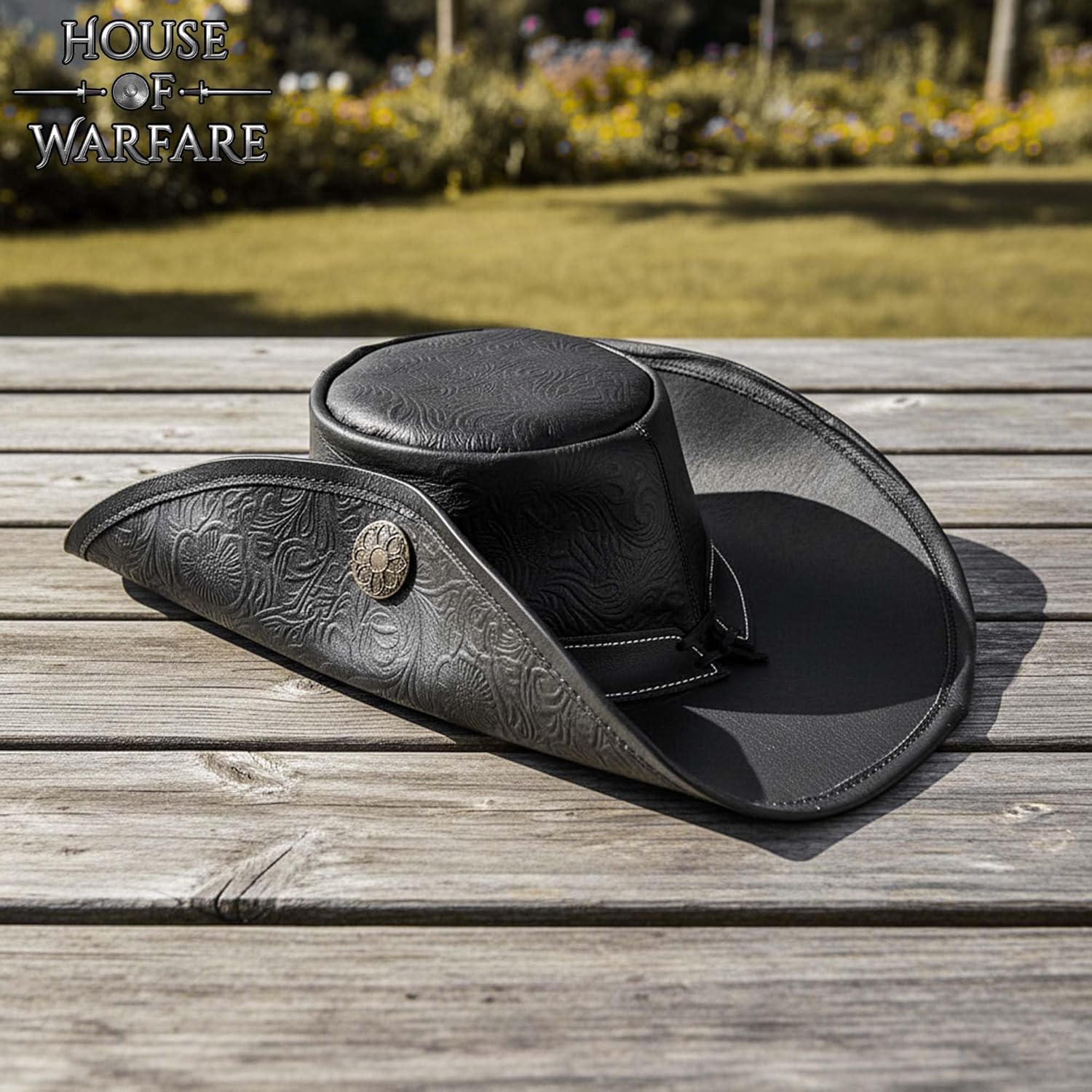 Medieval Genuine Leather Hat for Men Women | Flandes Handcrafted Cowboy Flat Brim Headwear 1.5mm Thick