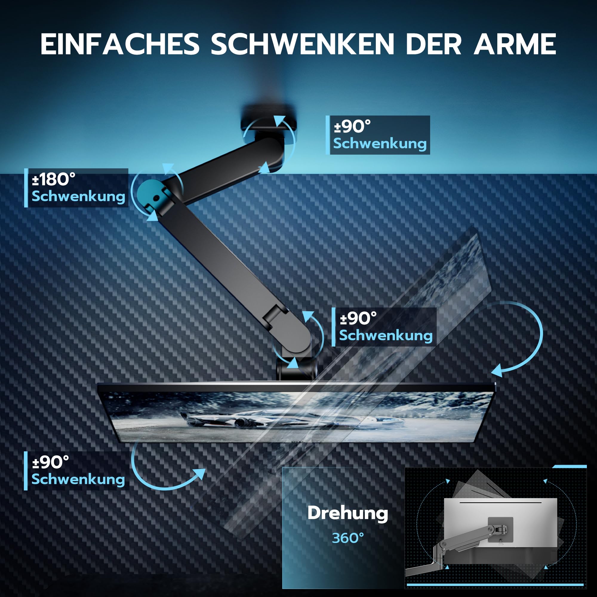 ARES WING Monitor Wandhalterung 1 Monitore für 17-49" Bildschirme, Schwarz | 20kg/Arm, Gasdruckfeder PC Monitor Hatlerung Wand,voll verstellbare Monitor Halterung für Büro&Gaming,VESA 75/100
