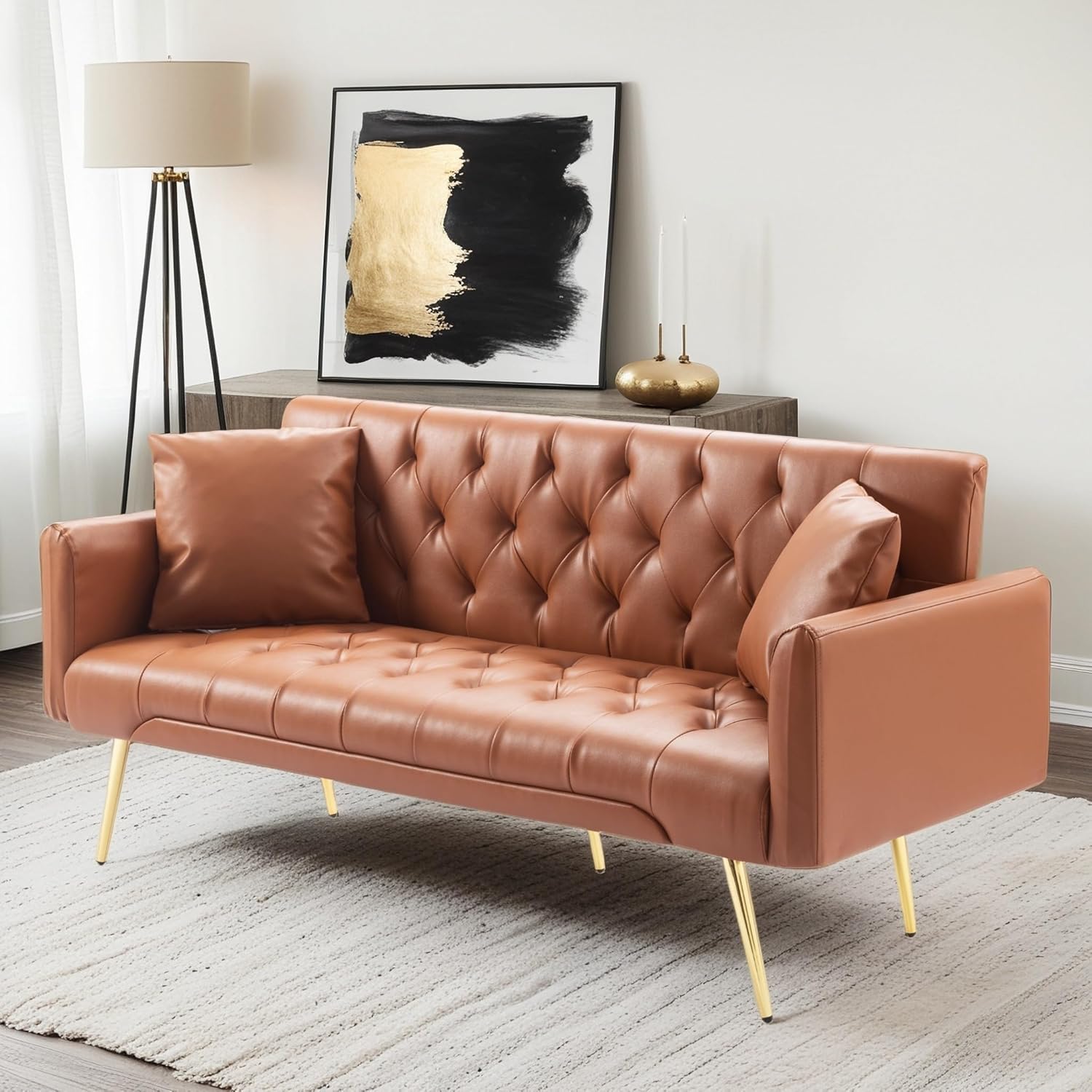 Modern PU Leather 3-Seat Couch, Adjustable Backrest Convertable Sofa, Sleek Minimalist Fold Out Couch Loveseat with Armrests, Sofa for Living Room Home Office Spaces, Brown