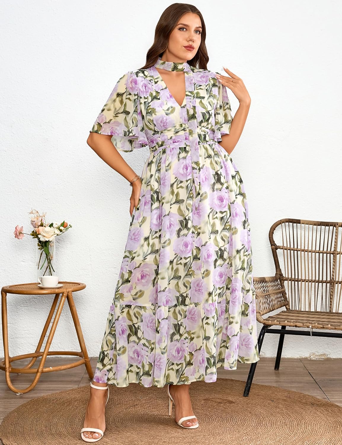 EYWOL Plus Size Wedding Guest Dresses for Women Floral Chiffon Flowy V Neck Maxi Dress with Detachable Tie Smocked Back