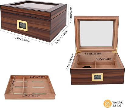 Cigar Humidor, Glass Top Desktop Humidor Case with Digital Hygrometer & Humidifier, Spanish Cedar Wood Lining Humidor Box, Holds 30 Cigars, Holiday Gift for Men