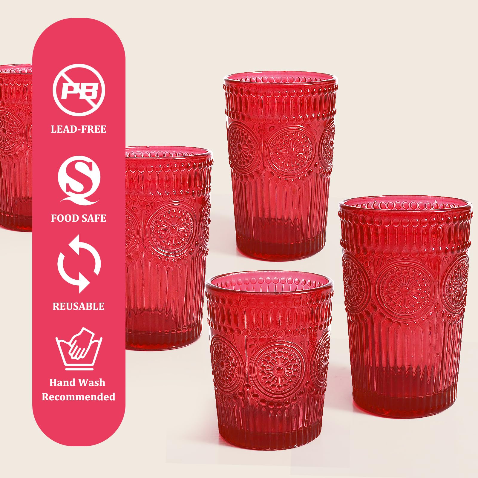Loivttvv Lot de 12 verres à boire vintage de 355 ml et verres côtelés en relief de 255 ml pour cocktail, eau, jus, café, whisky (rouge)