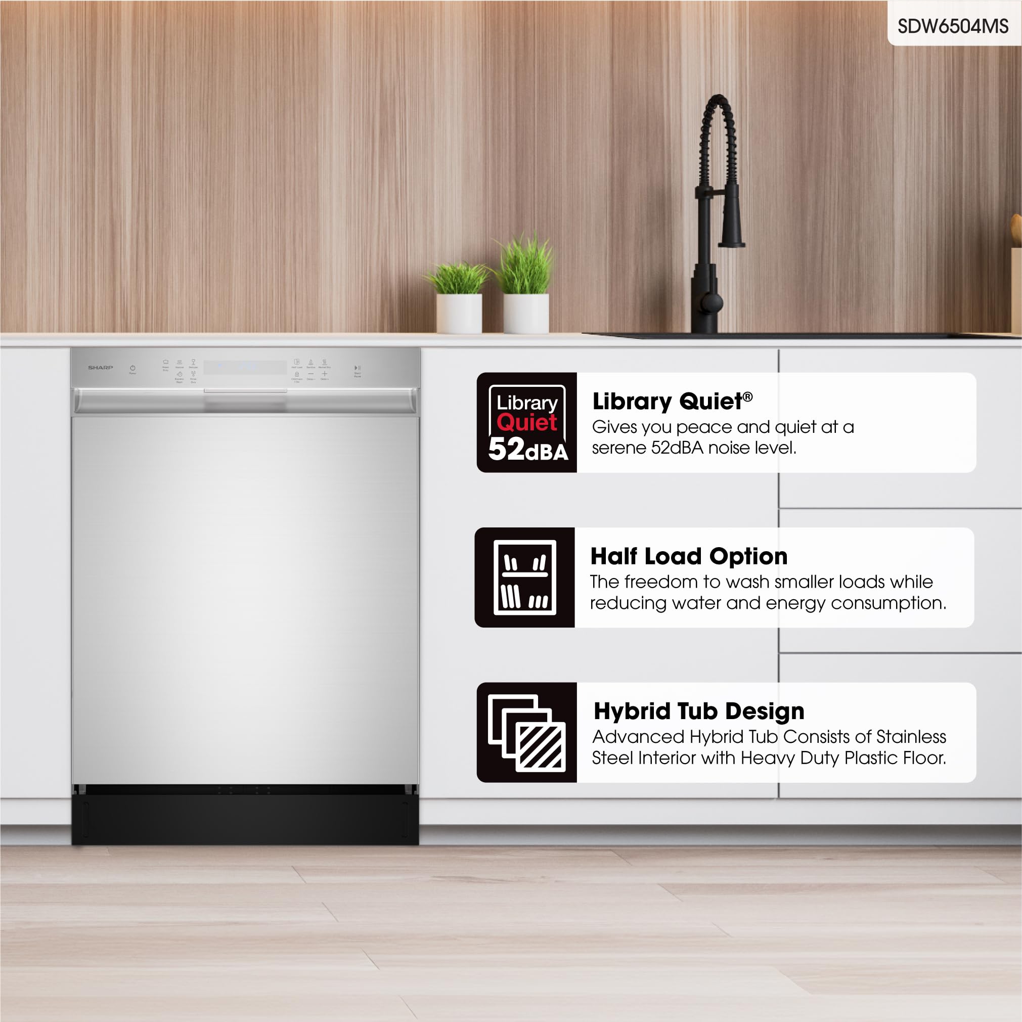 Sharp SDW6504MS Stainless Steel Dishwasher, 24-inch Pocket Handle, 52 dB, Hybrid Tub, 12 Place Settings, 5 Cycles, Heated Dry