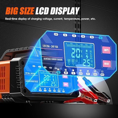 Miniatura 4 de Cargador de batería de coche 20A 12V/24V Corriente ajustable 0.5A-20A LiFePO4 Mantenedor de batería completamente automático, cargador inteligente