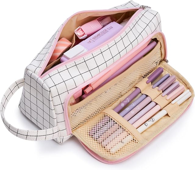 KALIDI Big Capacity Pencil Case 2 Compartments, Pencil Pen Pouch Bag Pen Holder School Supplies Large Stationery Storage Case with Handle Middle School Office Organizer for Girls Student Teens Adults