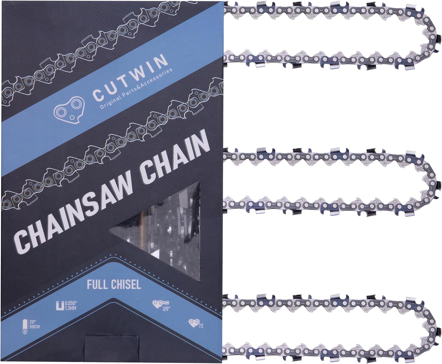 20 Inch Chainsaw Chain 3/8" Pitch, 0.050" Gauge, 72 Drive Links Fits for STIHL,Husqvarna,Echo,Ryobi,Greenworks,Ego,Poulan Pro,Craftsman and More (3 Chains)
