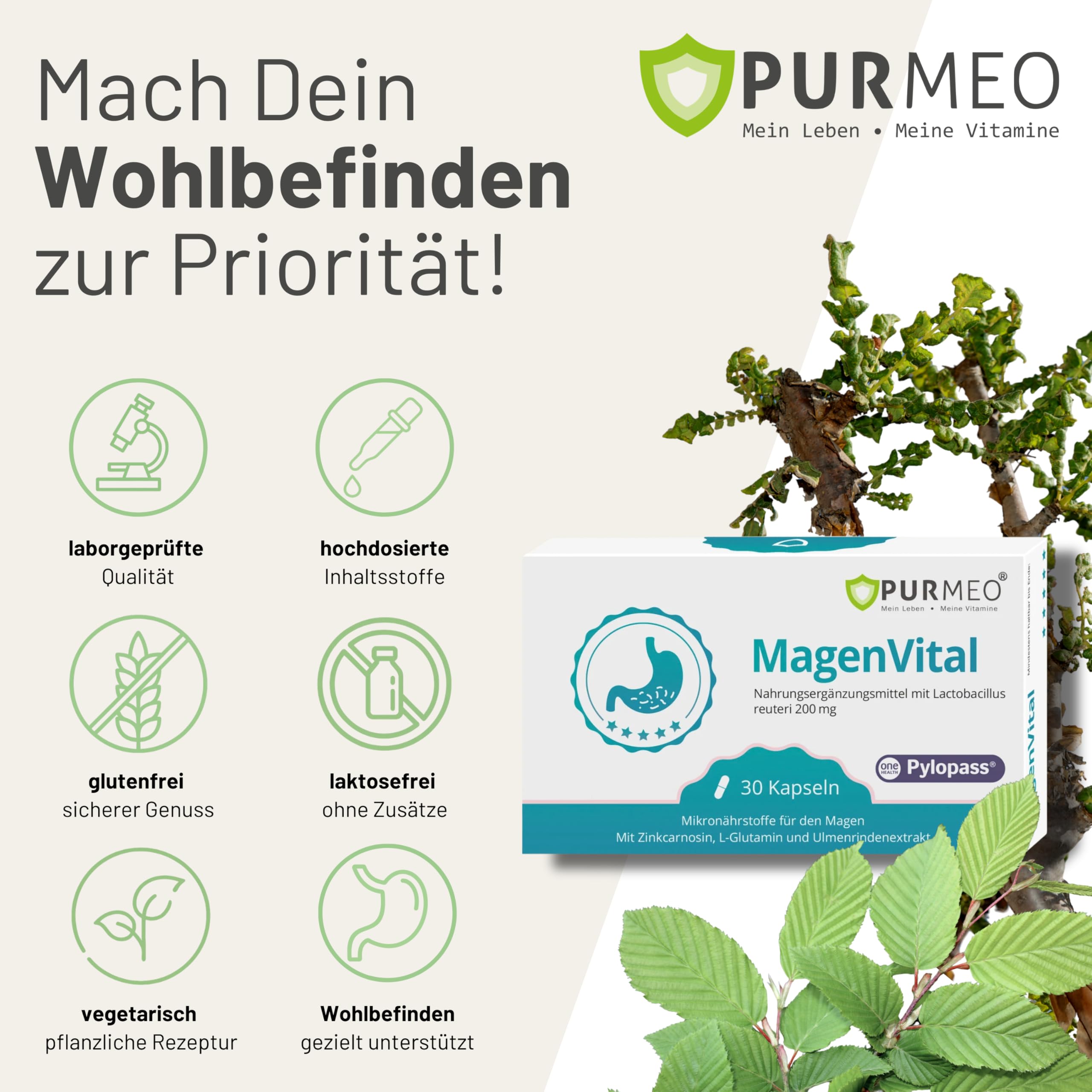 PURMEO® MagenVital – L'original – 200 mg de pylopass®, 30 gélules – estomac, intestin, lactobacillus reuteri, équivalent à 20 milliards d'UFC par dose quotidienne, hautement dosé, végétalien, sans