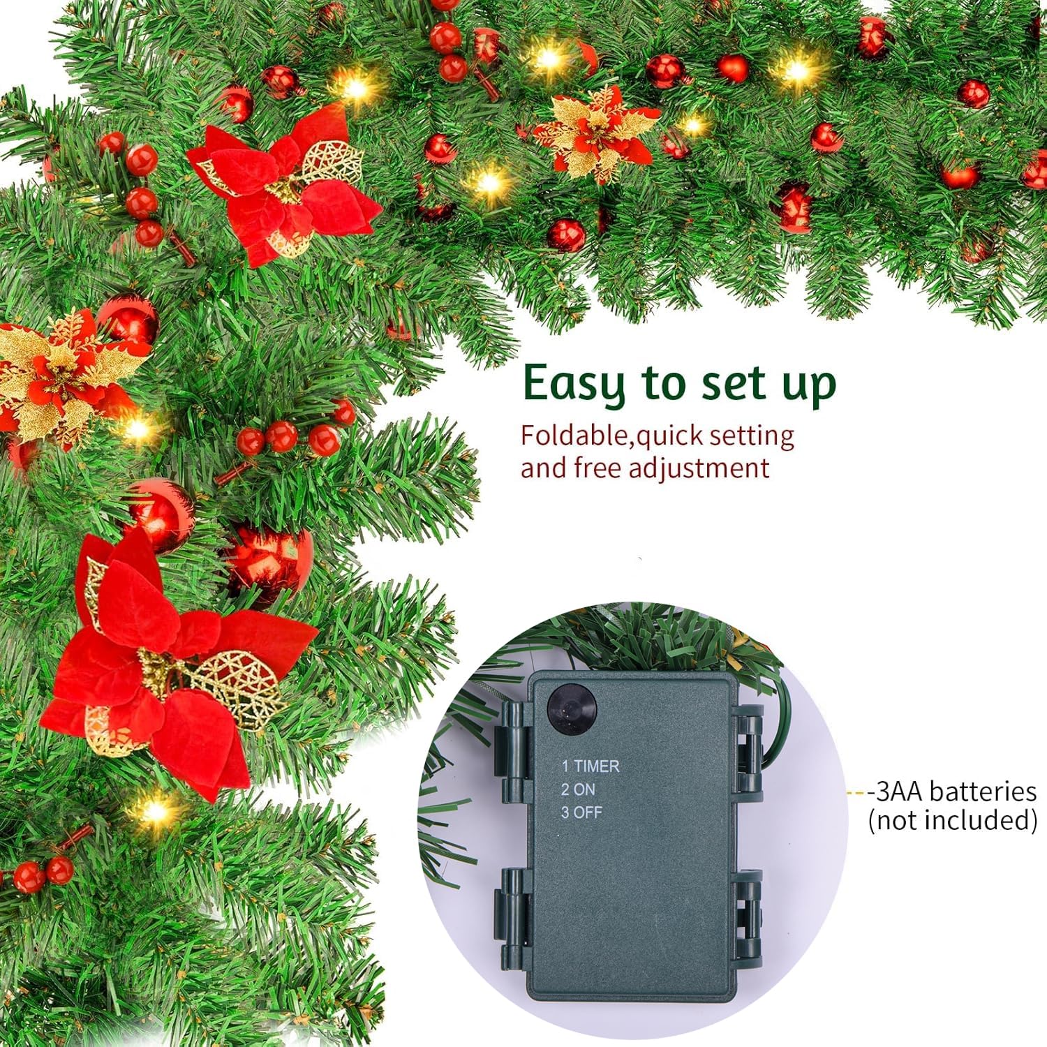 SHAVINGFUN Guirlande de Noël artificielle pré-éclairée, rotin vert avec baies rouges, guirlande de Noël avec lumière pour escaliers, cheminées, portes, arbre de Noël, jardin, cour, décoration de Noël
