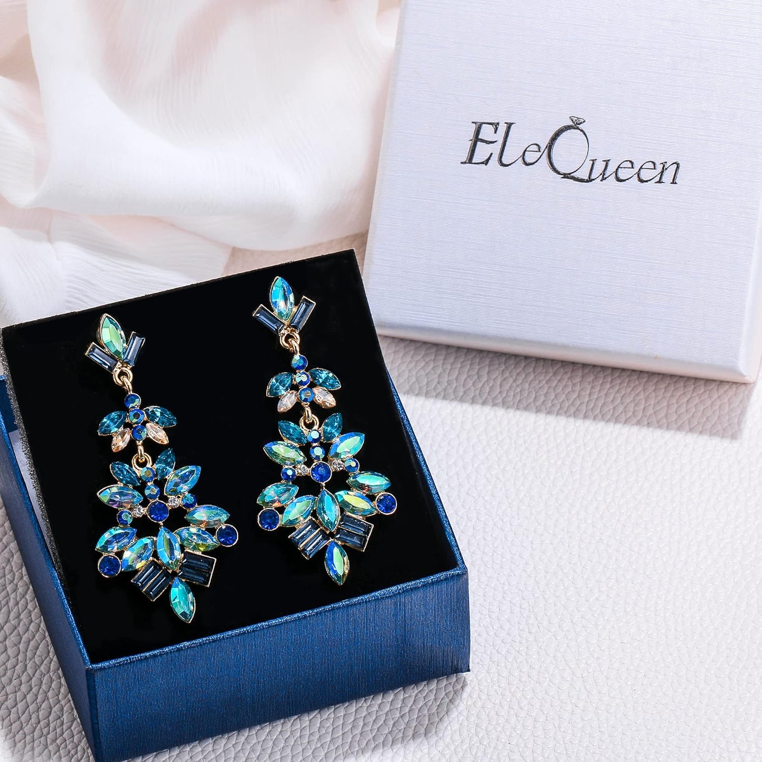 EleQueen Fashion Vintage Style Statement Drop Dangle Earrings Marquise Square Cluster Art Deco Crystal Earrings for Women Girls Blue Gold-Tone - Image 7