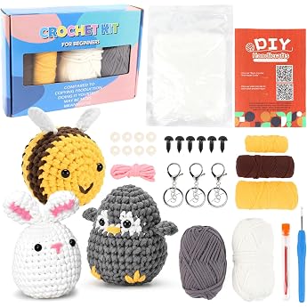 Rosedreamer Crochet Set for Beginners 3 Crochet Hook Set Animals Crocheting Knitting for Beginners with Video Course Crochet Set for Adults Children Gift Bee Rabbit Penguin