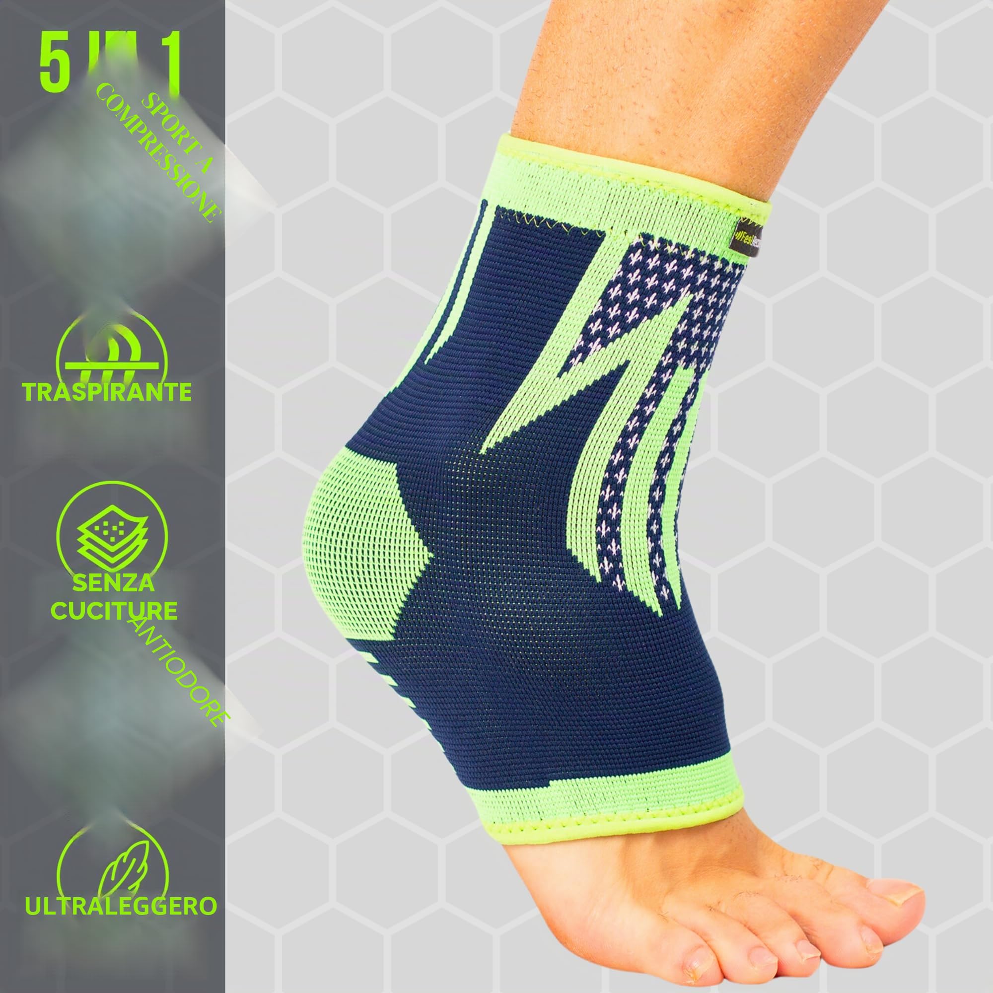 Feel Recovery 2 Tutore Caviglia per Uomo e Donne - Cavigliere Elastiche a Compressione - Fascia Sportive per Distorsioni, Running, Calcio e Sport - Traspiranti e Antiscivolo (L, Verde)