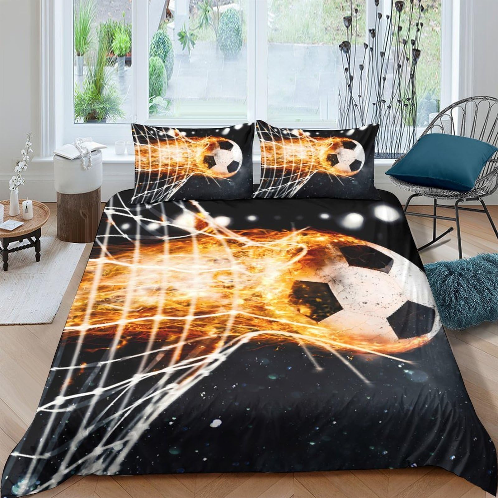 Ctjqhvkz Style-10 3D Printed Fiery Soccer Fitted Sheet Microfiber Soft Black Orange Bed Sheet Football Theme Mattress Cover Bedroom Decor Single（135X200cm）