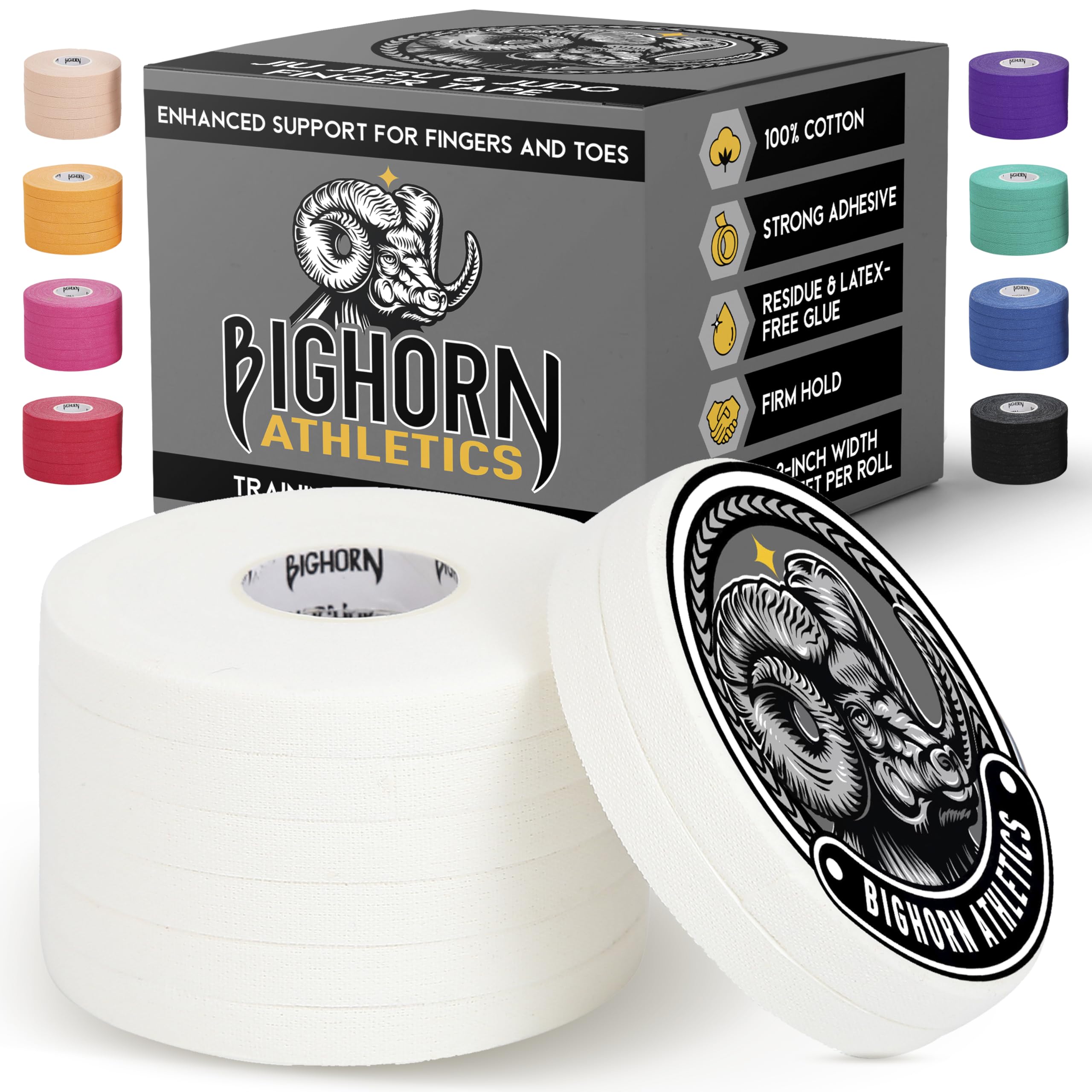 Bighorn Athletics Sports Tape in A Variety of Colors & Sizes | EZ-Tear Athletic Tape for Fingers, Wrists, Ankles & Foot Support | Zinc Oxide Infused & Latex-Free Adhesive, Breathable Cotton Fabric White 0.3-Inch