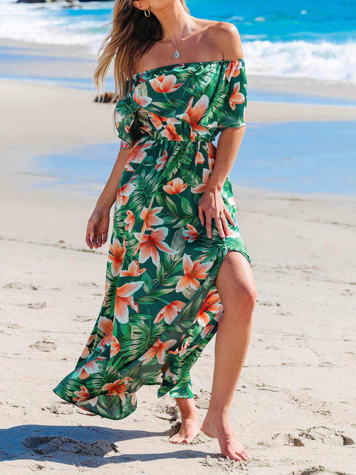 CUPSHE Abito Estivo da Donna Spalle Scoperte con Maniche Corte Volant Stampa Tropicale Maxi Dress