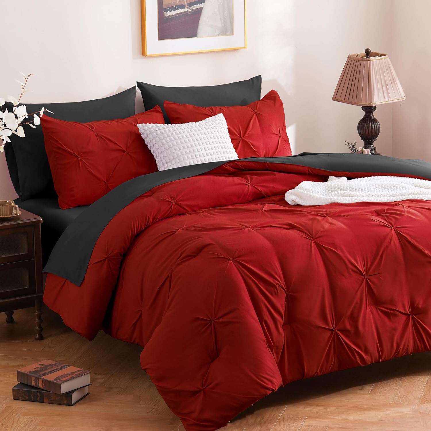 DOWNCOOL 7 Pieces Red and Black Full Size Comforter Sets, Pintuck Pinch Pleat Bed in a Bag, Soft Microfiber All Season Bedding Set for Bedroom with Sheets, Pillowcases & Shams