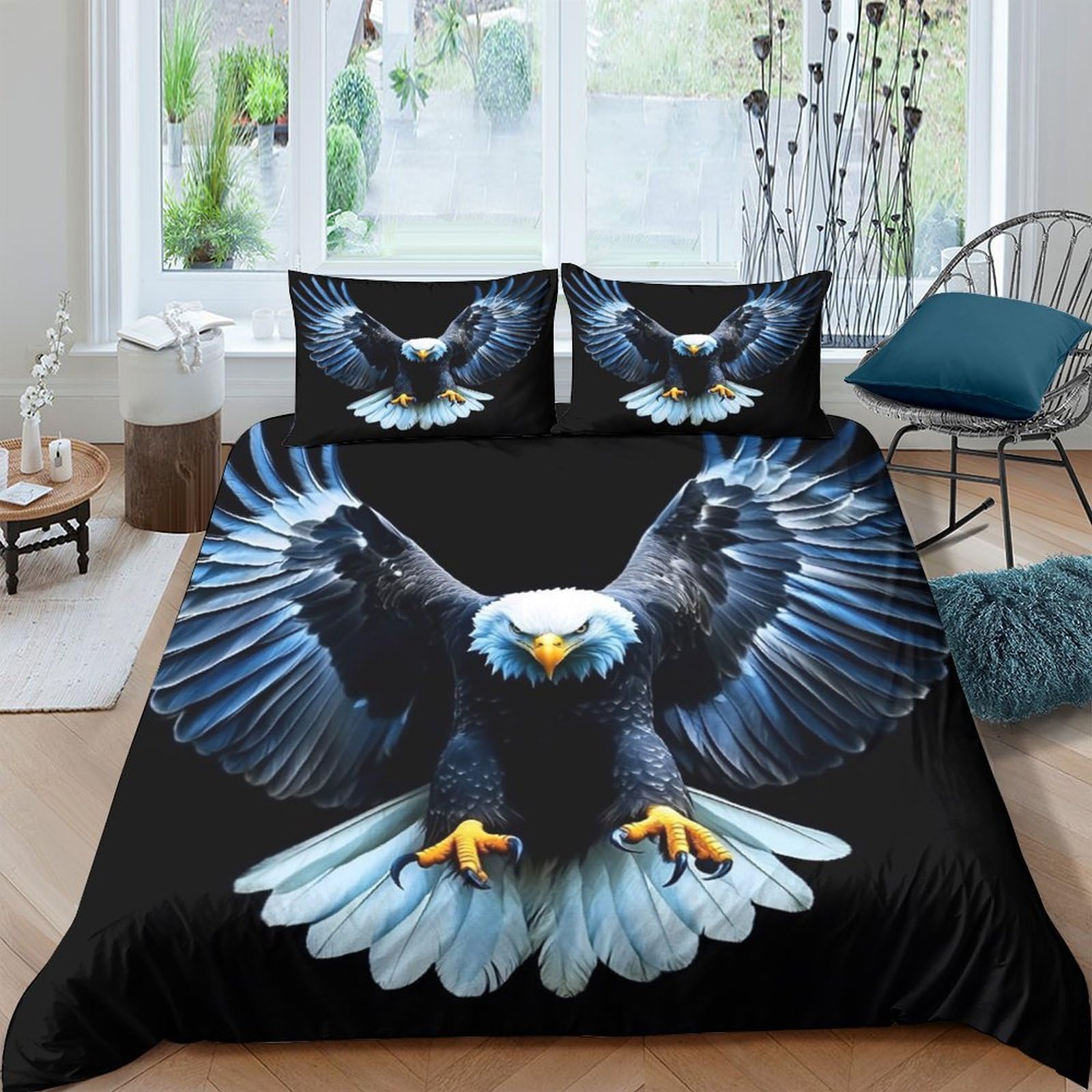 GPLZQXKJNH 3D Printed Eagle Wings Duvet Cover Microfiber Black Bedding Set with 2 Pillowcases for Bedroom Decor, Single（135x200cm）