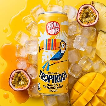 Karma Drinks Tropikool Flavoured Fizzy Soft Drink, 24 x 250ml Cans | Organic, Fairtrade, Natural Ingredients, Real Mango, Vegan, Gluten Free, B-Corp Brand, 24 Can Multipack
