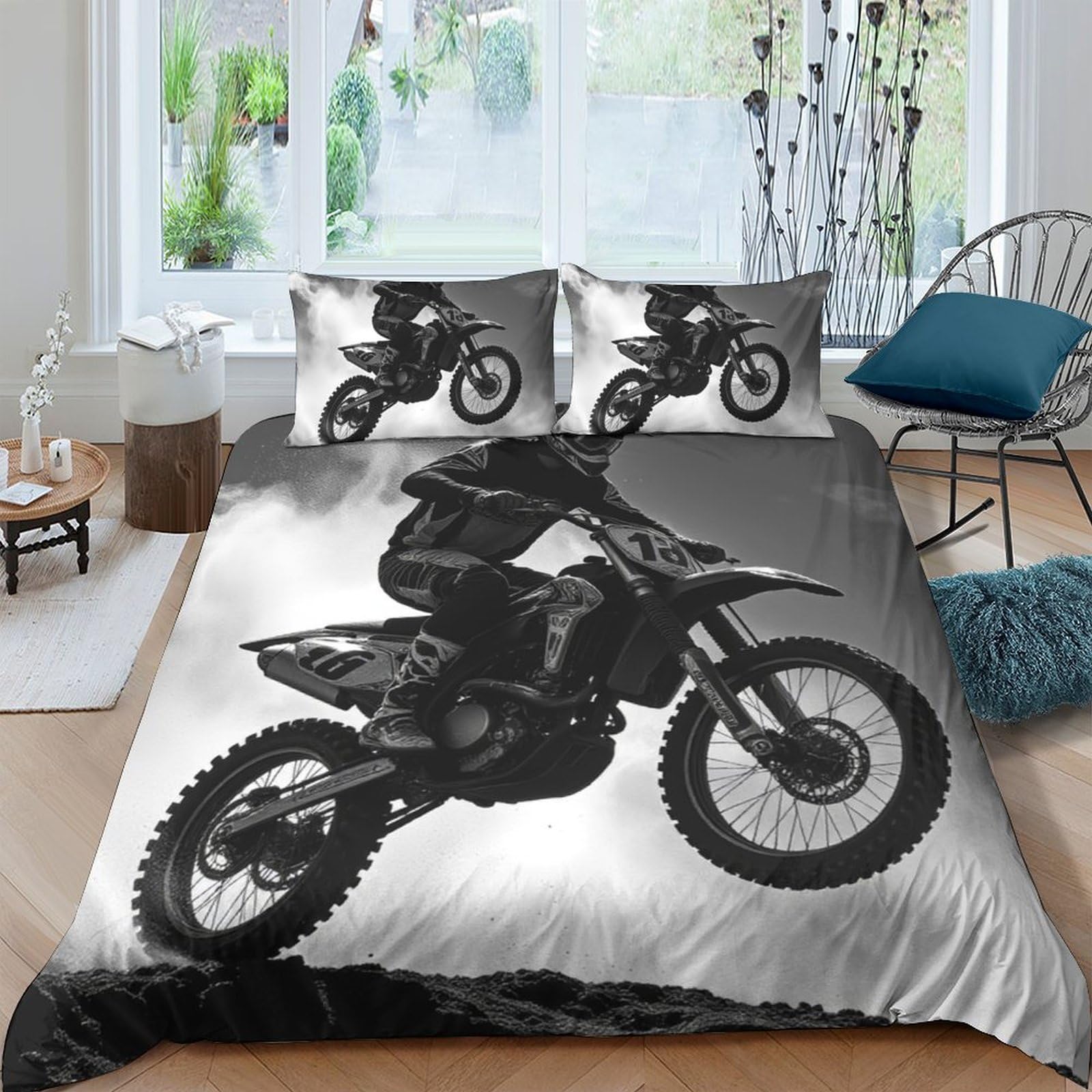 GPLZQXKJNH 3D Printed Motocross Motorcycle Duvet Cover Microfiber Soft Breathable Racing Bedding Set with 2 Pillowcases for Bedroom Decor Single（135x200cm）