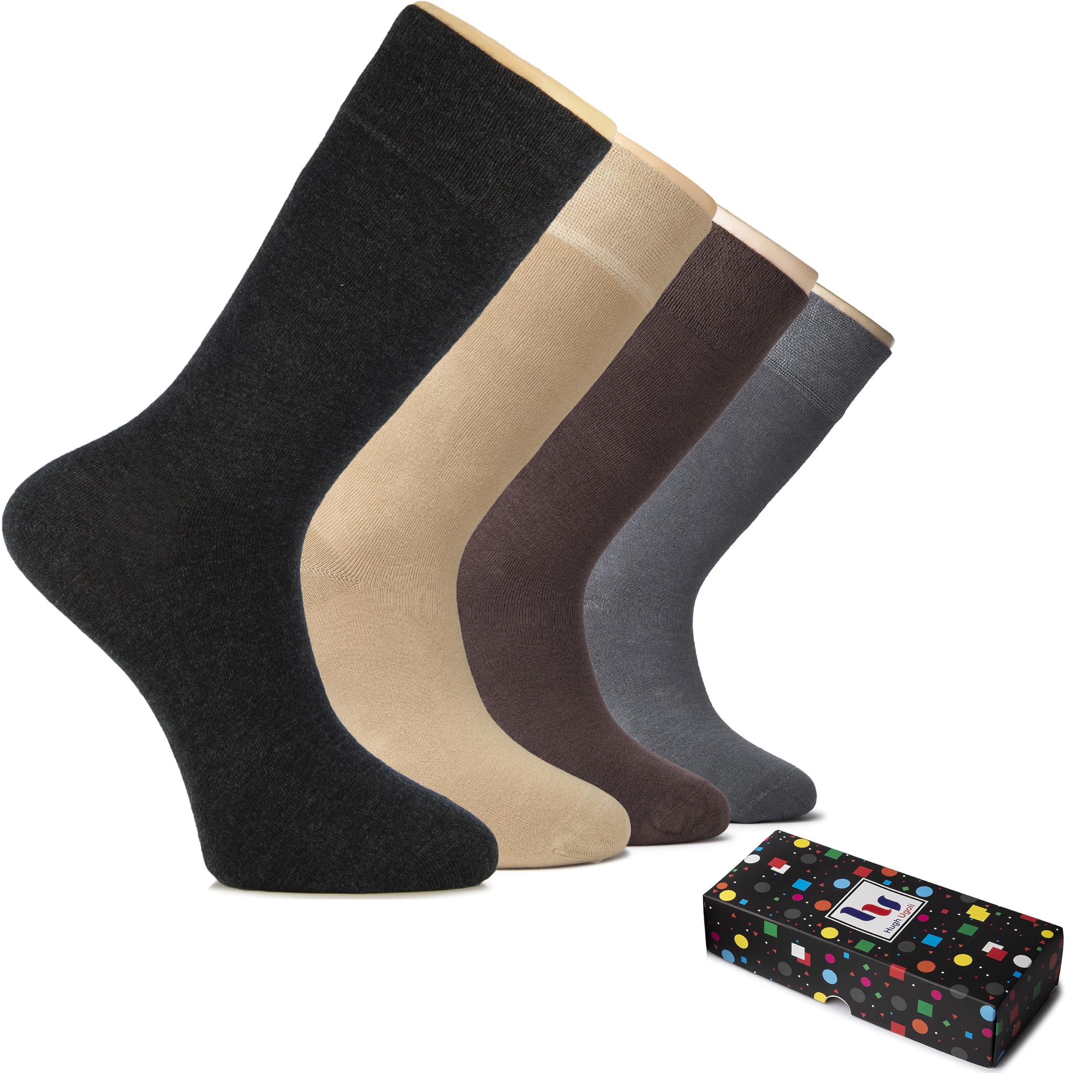 Hugh Ugoli Men's Bamboo Dress Socks for Business & Trouser, Thin & Seamless Crew Socks, 4 Pairs with Gift Box, Shoe Size 8-12