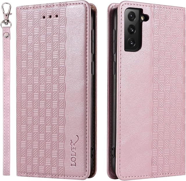 LOLFZ Case for Samsung Galaxy S21 FE, Leather Flip Wallet Case Card Slots Kickstand Wrist Strap Protective Magnetic Phone Case Cover for Samsung Galaxy S21 FE 5G - Rose Gold